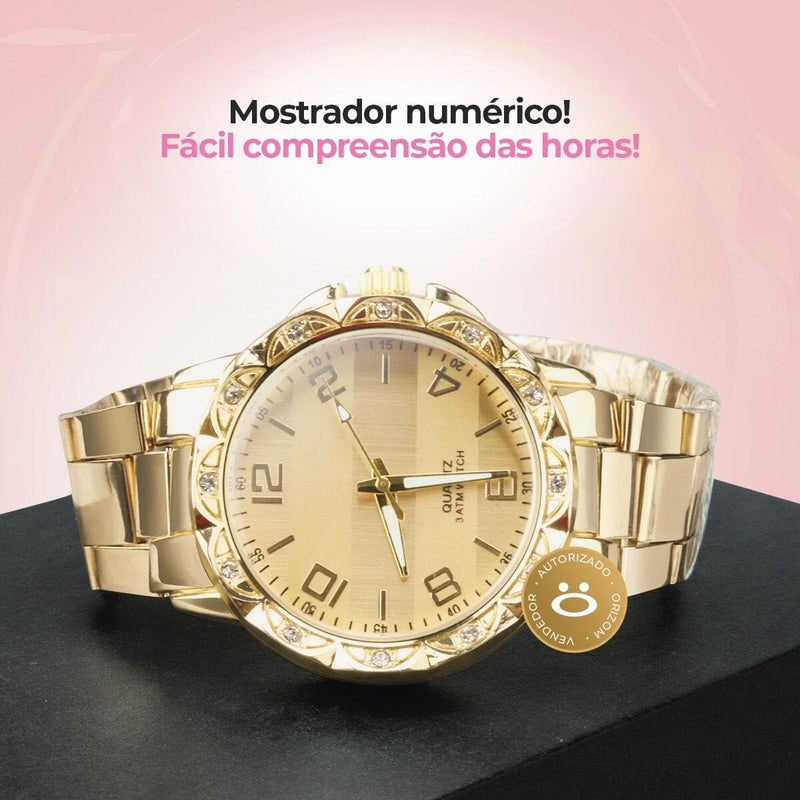 relógio feminino dourado aço strass + caixa + colar brincos