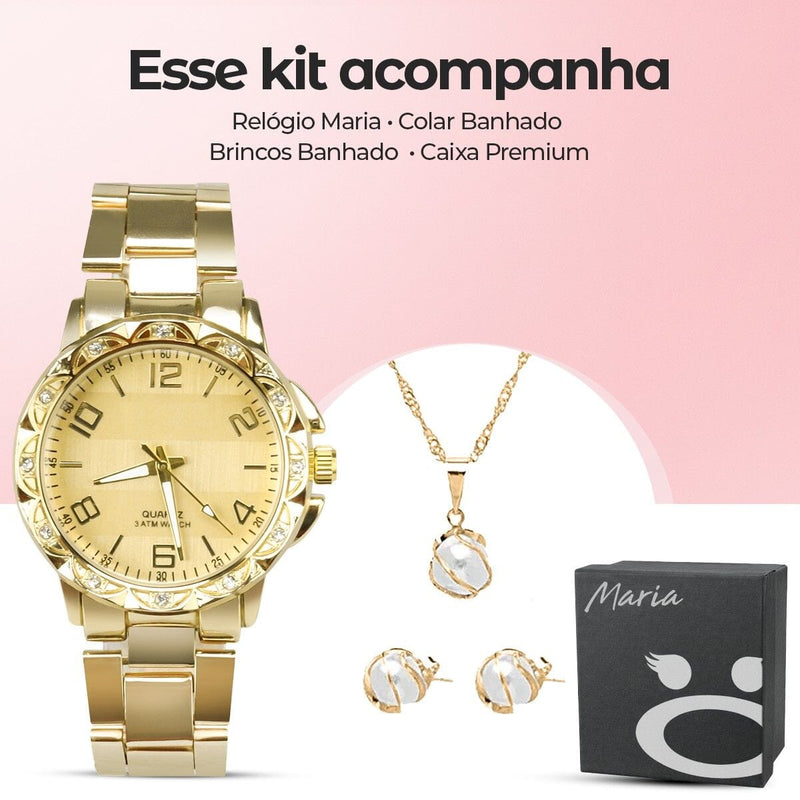 relógio feminino dourado aço strass + caixa + colar brincos