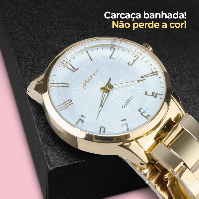 Relogio feminino dourado banhado aço inox premium + caixa