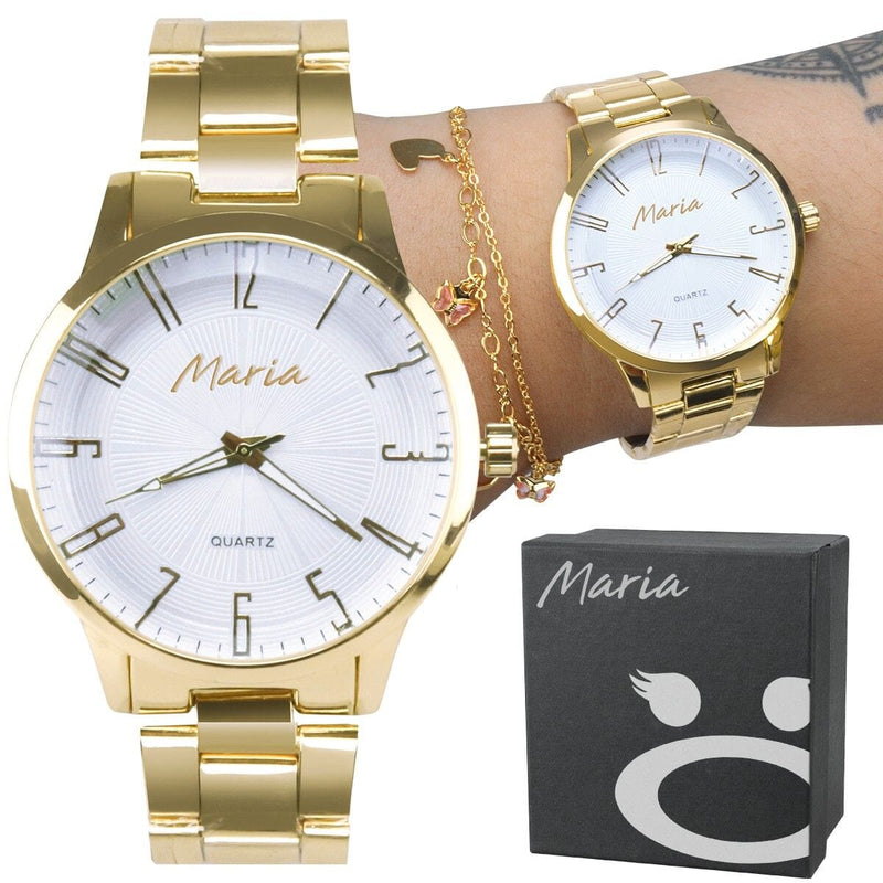 Relogio feminino dourado banhado aço inox premium + caixa