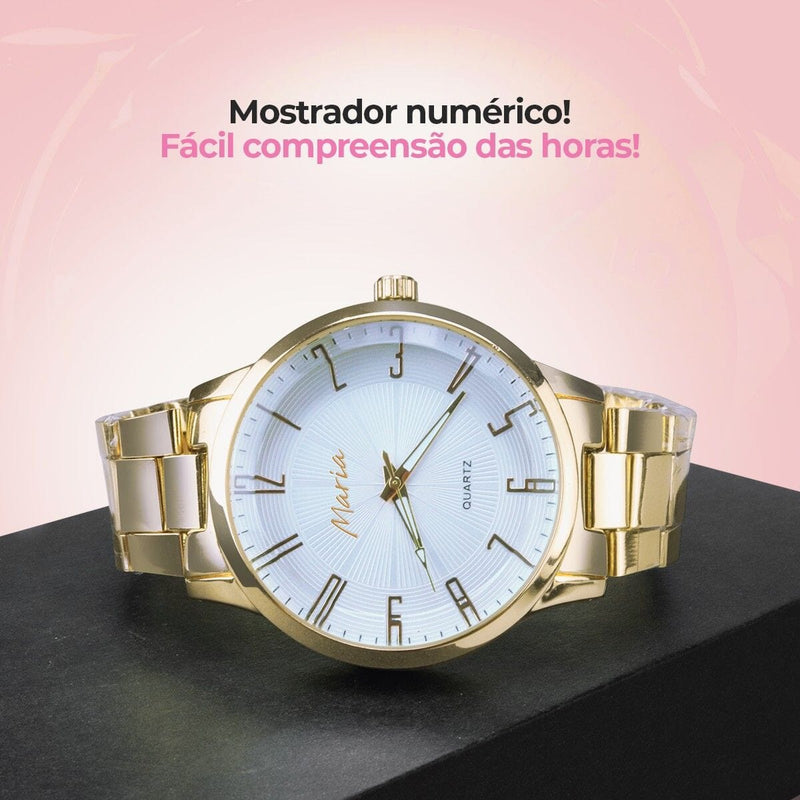 Relogio feminino dourado banhado aço inox premium + caixa