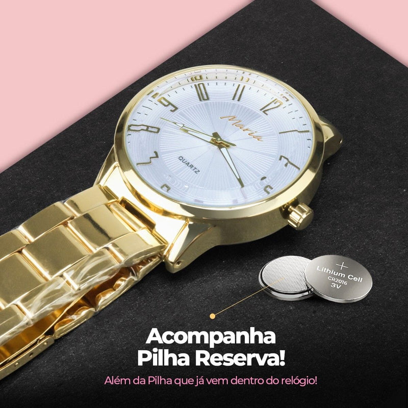 Relogio feminino dourado banhado aço inox premium + caixa