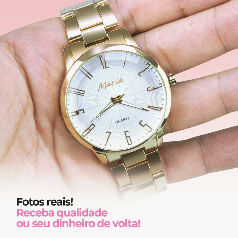 Relogio feminino dourado banhado aço inox premium + caixa