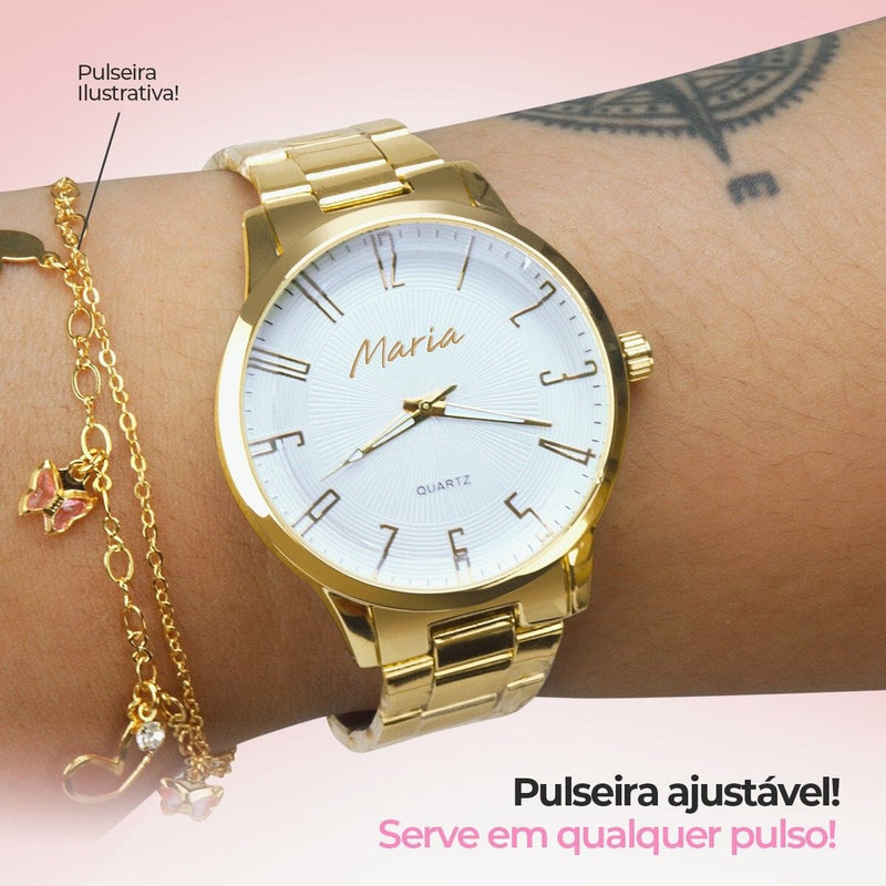 Relogio feminino dourado banhado aço inox premium + caixa