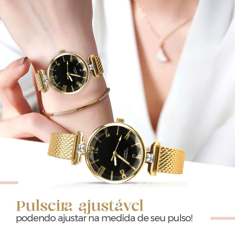 Relogio feminino dourado banhado aço inox silicone + caixa