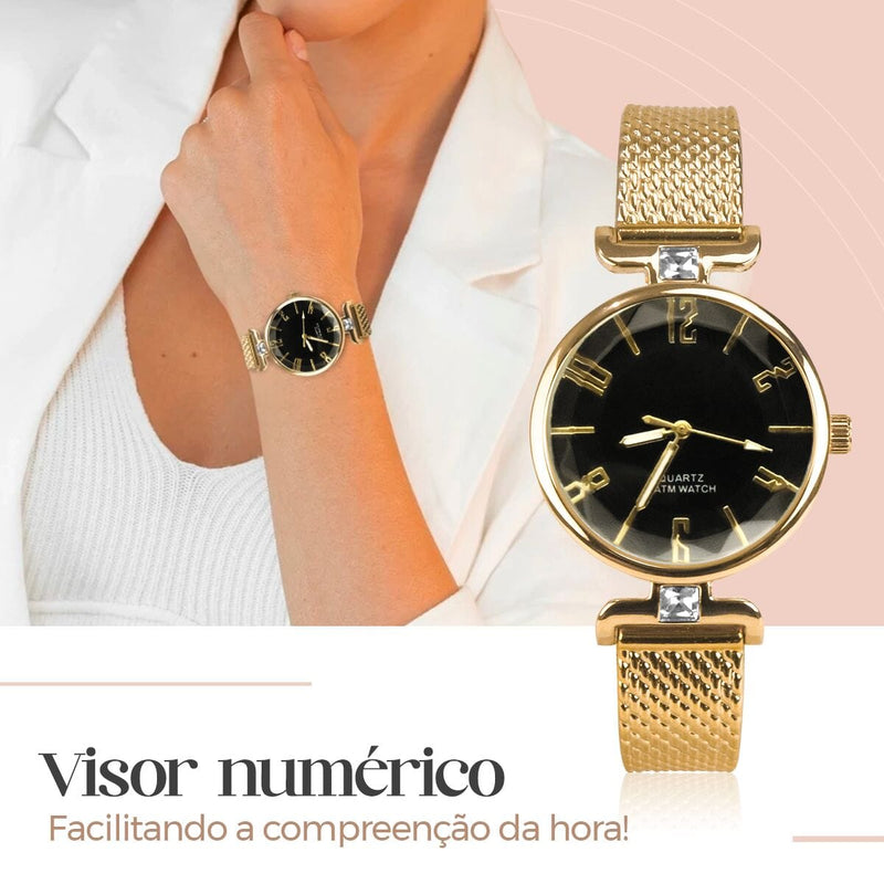 Relogio feminino dourado banhado aço inox silicone + caixa