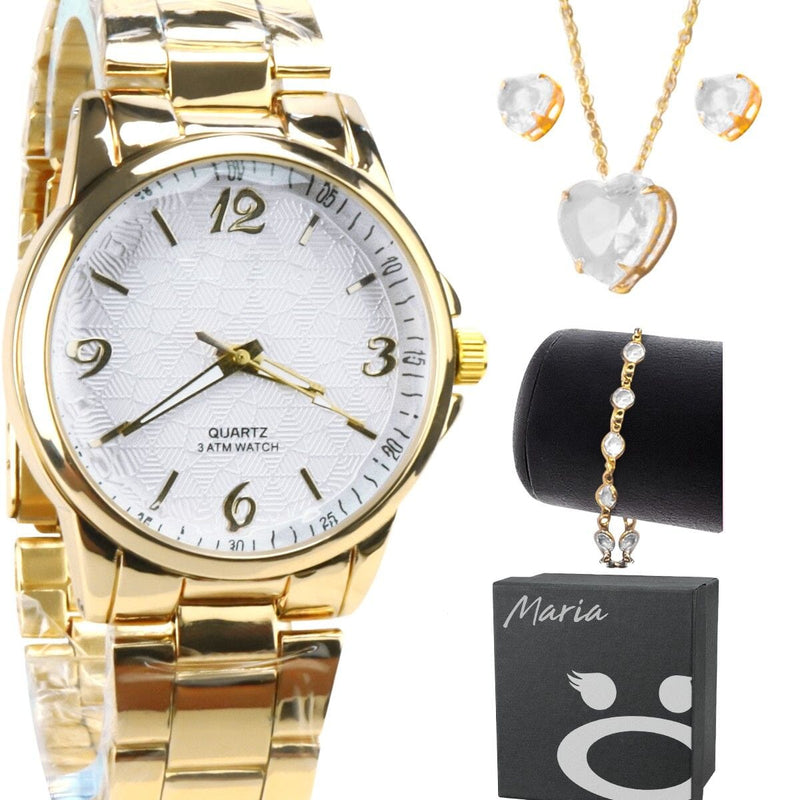 Relogio feminino dourado + pulseira caixa + colar aço inox