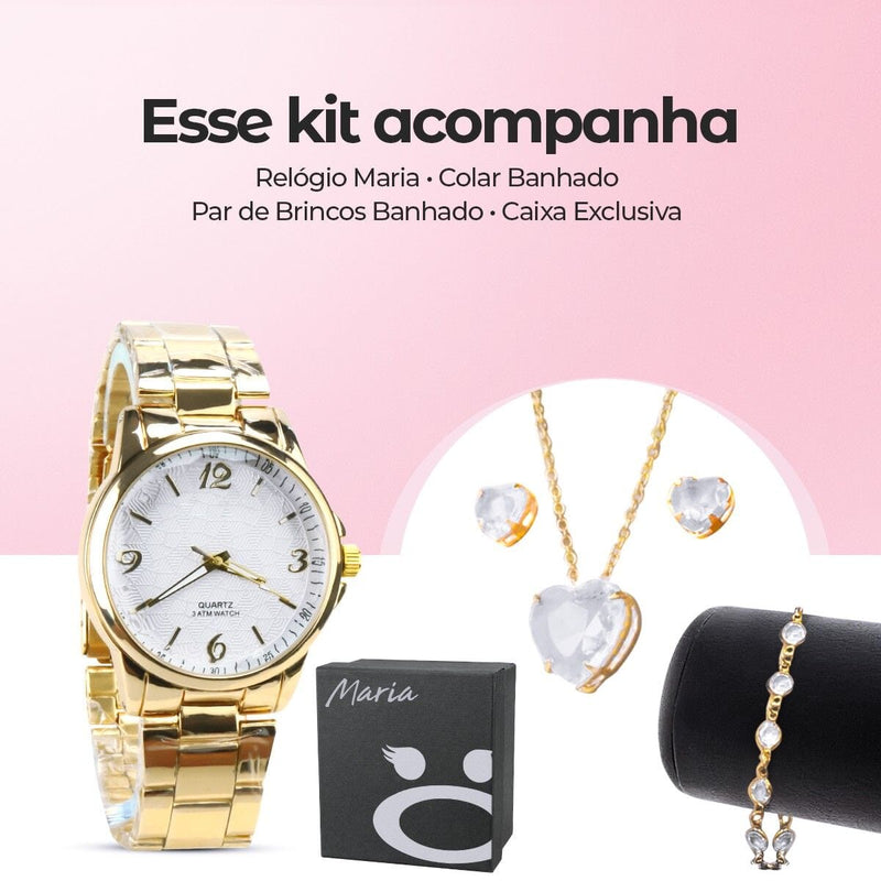 Relogio feminino dourado + pulseira caixa + colar aço inox