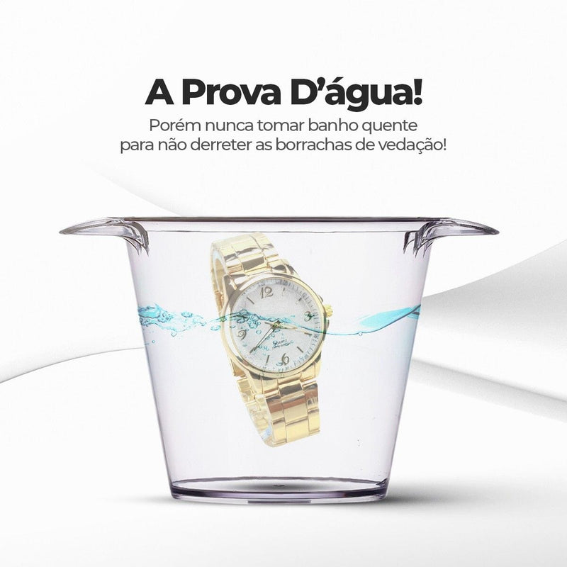 Relogio feminino dourado + pulseira caixa + colar aço inox