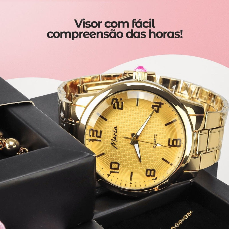 Relogio feminino dourado strass + colar coração + pulseira aço inoxidavel ouro presente social