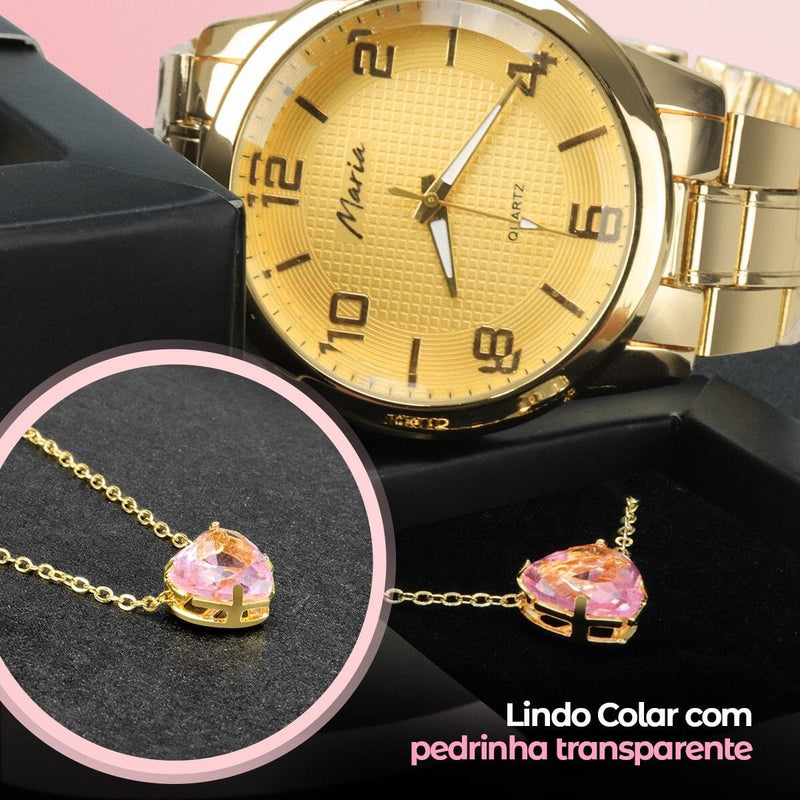 Relogio feminino dourado strass + colar coração + pulseira aço inoxidavel ouro presente social