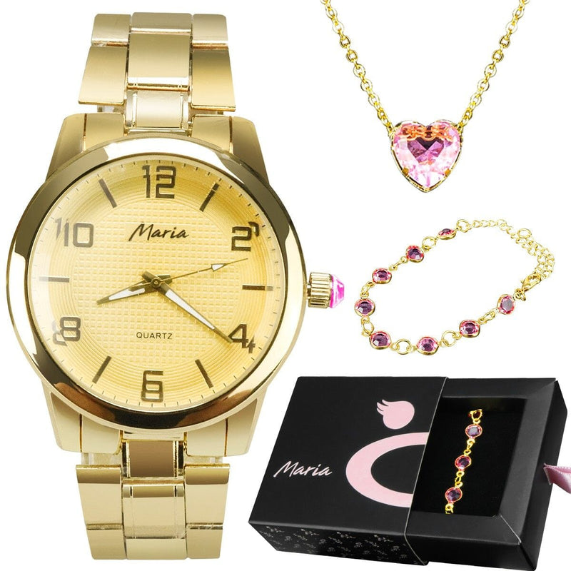 Relogio feminino dourado strass + colar coração + pulseira aço inoxidavel ouro presente social