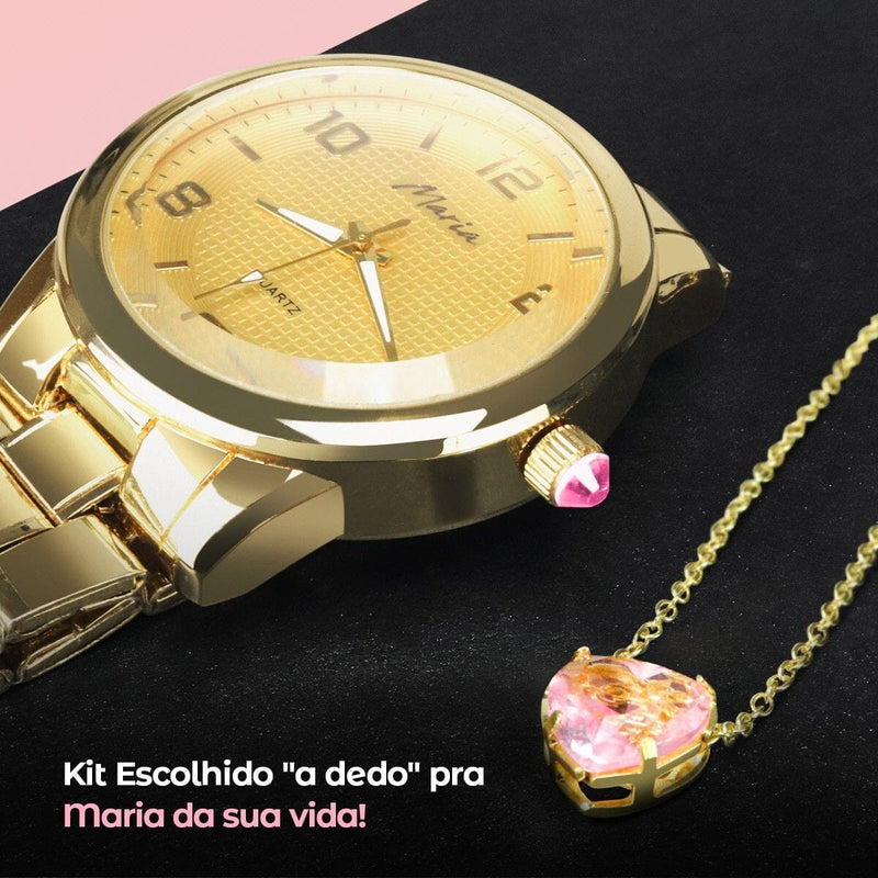 Relogio feminino dourado strass + colar coração + pulseira aço inoxidavel ouro presente social