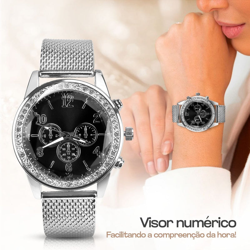 relogio feminino prata strass + pandora + colar + brincos