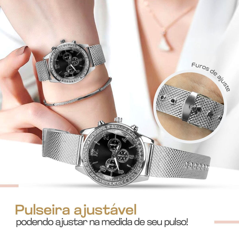 relogio feminino prata strass + pandora + colar + brincos