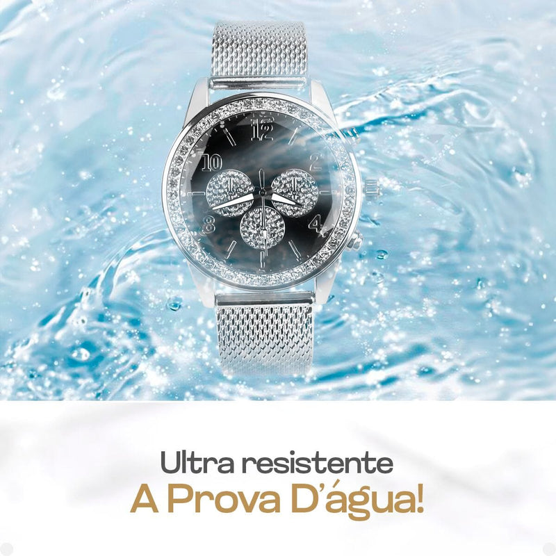 relogio feminino prata strass + pandora + colar + brincos