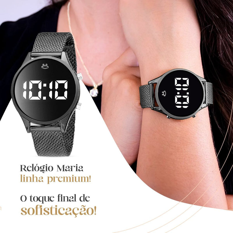 relogio feminino preto digital aço + brincos + colar + caixa