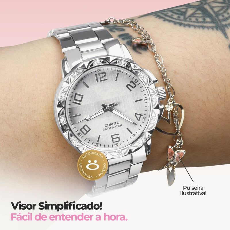 Relogio feminino prova dagua dourado + relogio aço strass