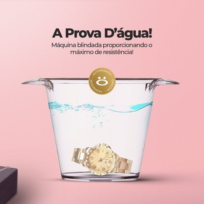 Relogio feminino prova dagua dourado + relogio aço strass