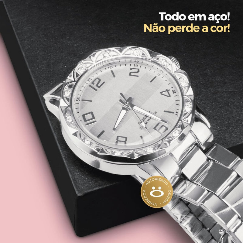 Relogio feminino prova dagua dourado + relogio aço strass