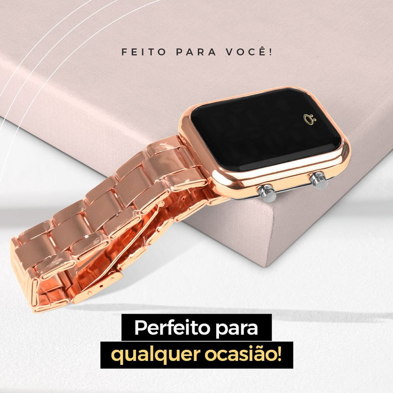 relogio feminino rose aço inox + caixa + pulseira pandora