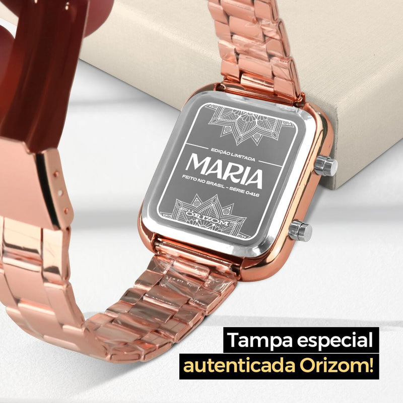 relogio feminino rose aço inox + caixa + pulseira pandora