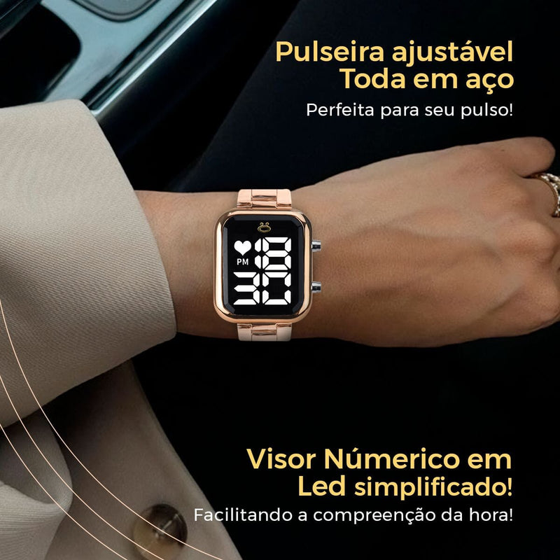 relogio feminino rose aço inox + caixa + pulseira pandora