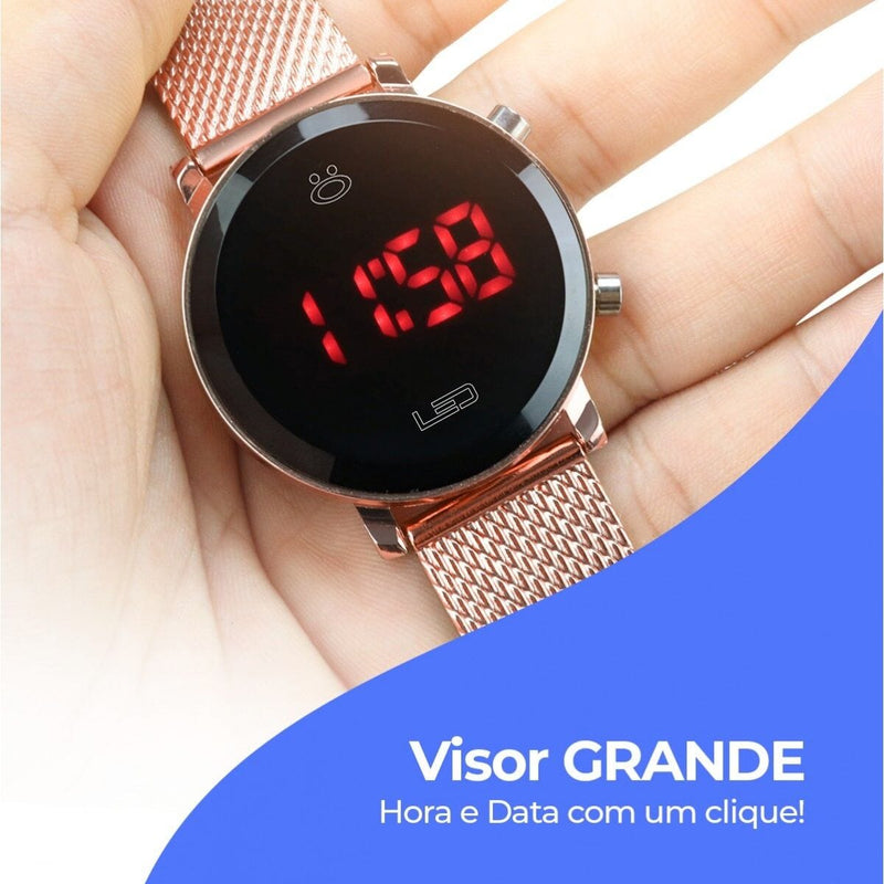 relogio feminino silicone led aço inox rose digital + caixa