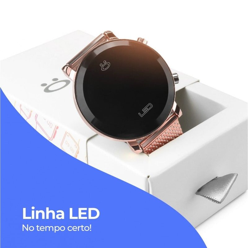 relogio feminino silicone led aço inox rose digital + caixa