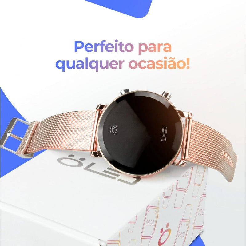 relogio feminino silicone led aço inox rose digital + caixa