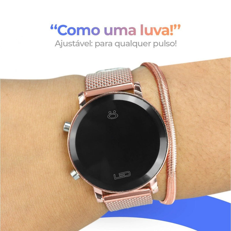 relogio feminino silicone led aço inox rose digital + caixa