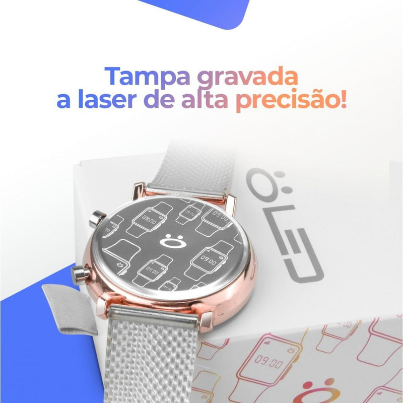 relogio feminino silicone led aço inox rose digital + caixa