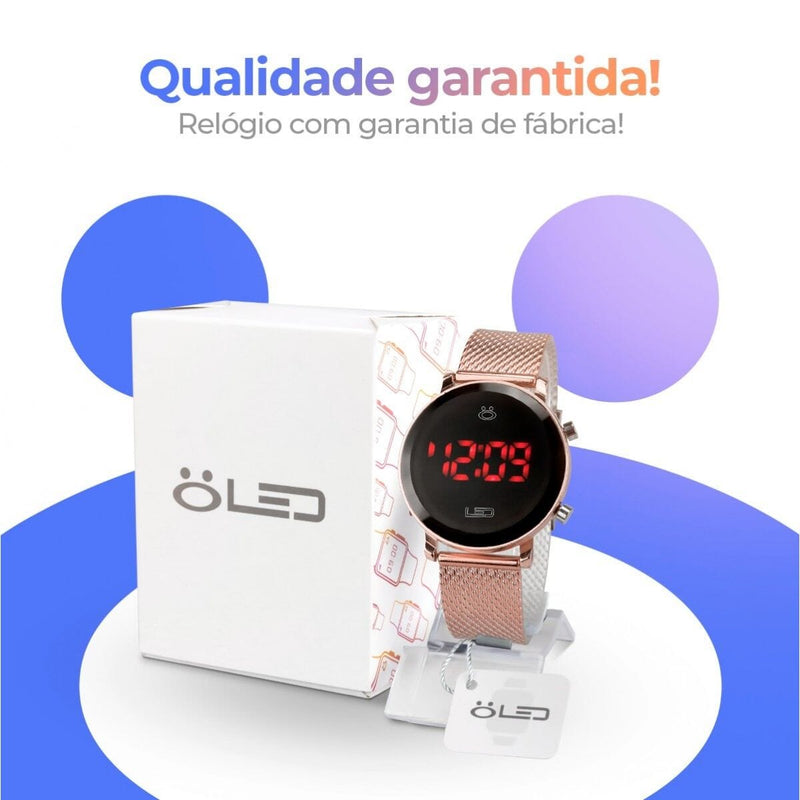 relogio feminino silicone led aço inox rose digital + caixa