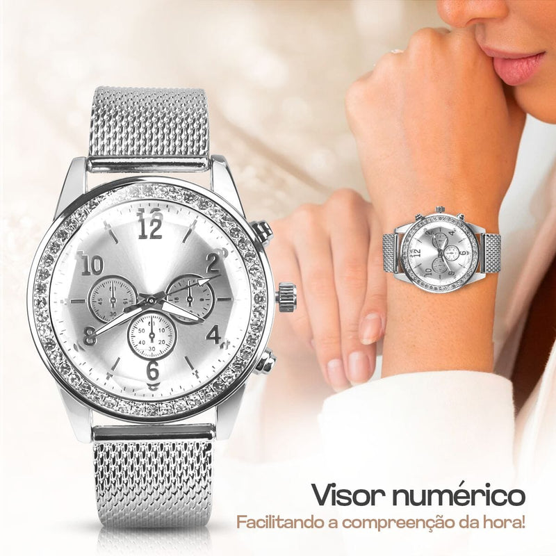 relogio feminino strass aço + colar + pulseira + pandora