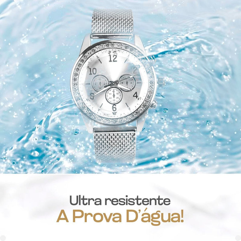 relogio feminino strass aço + colar + pulseira + pandora