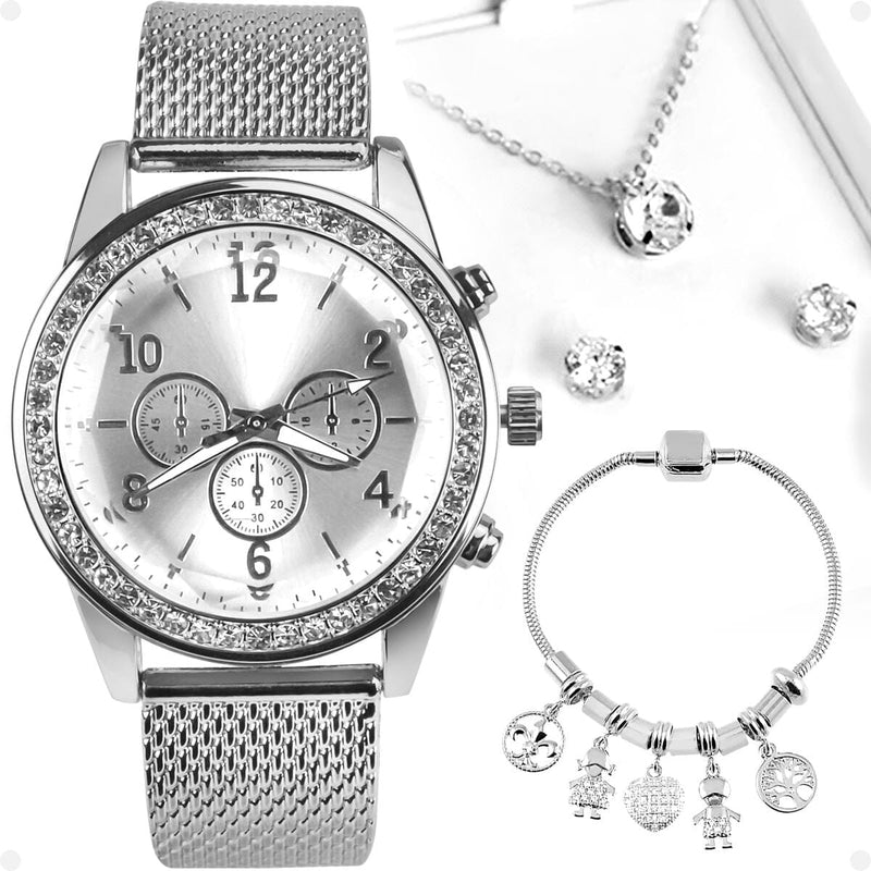 relogio feminino strass aço + colar + pulseira + pandora