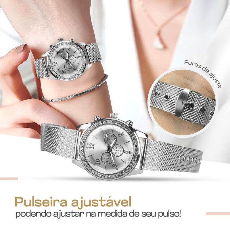 relogio feminino strass aço + colar + pulseira + pandora