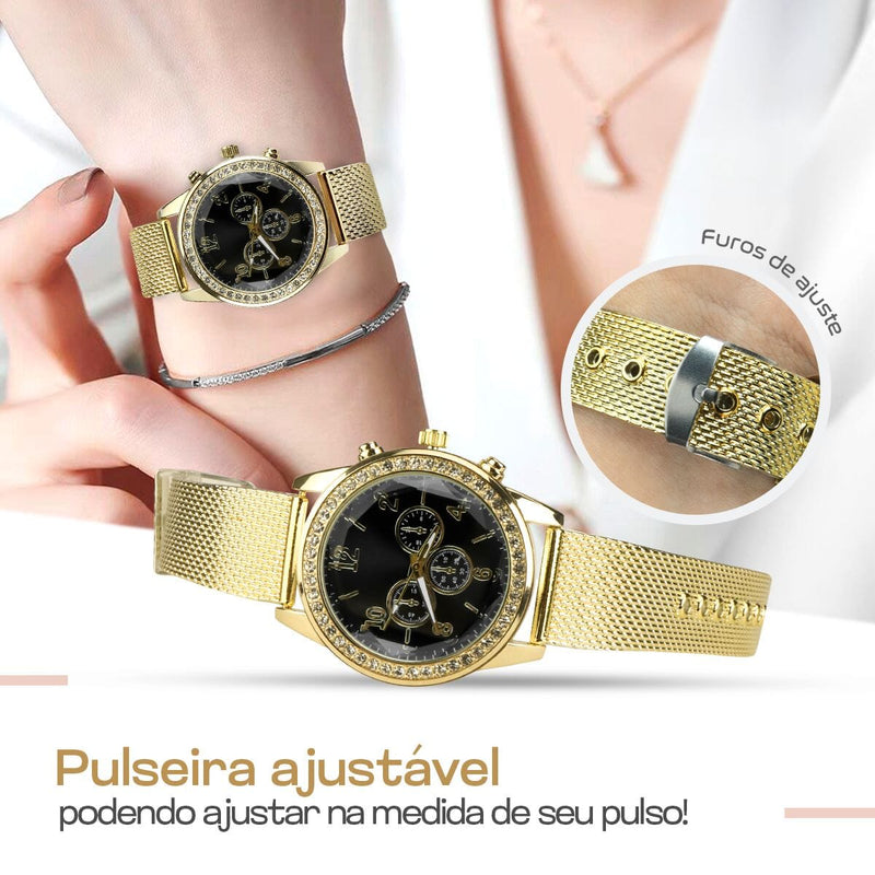 relogio feminino strass dourado + brincos + pandora + colar