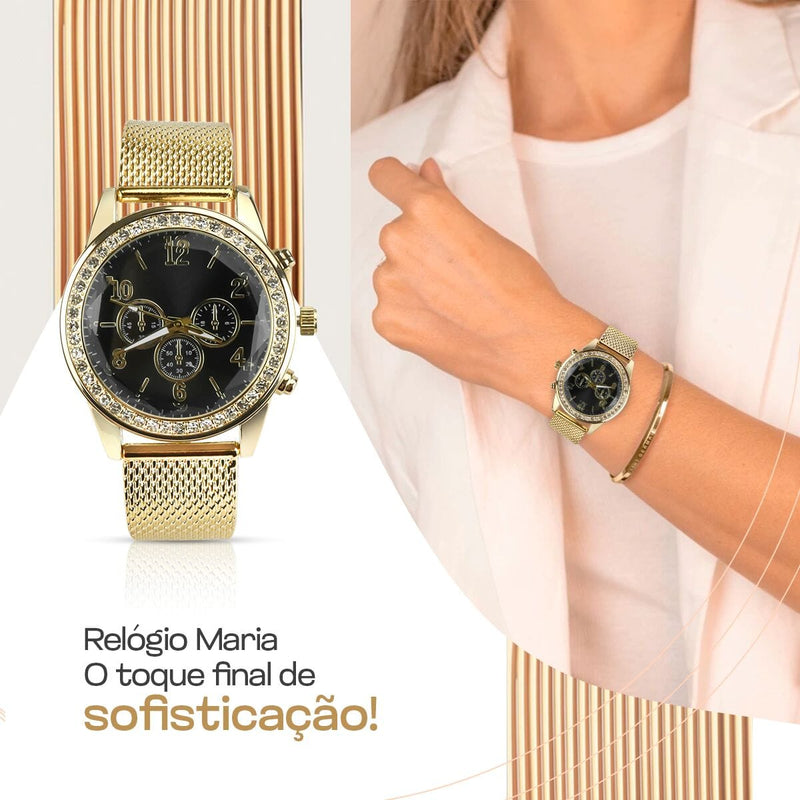 relogio feminino strass dourado + brincos + pandora + colar