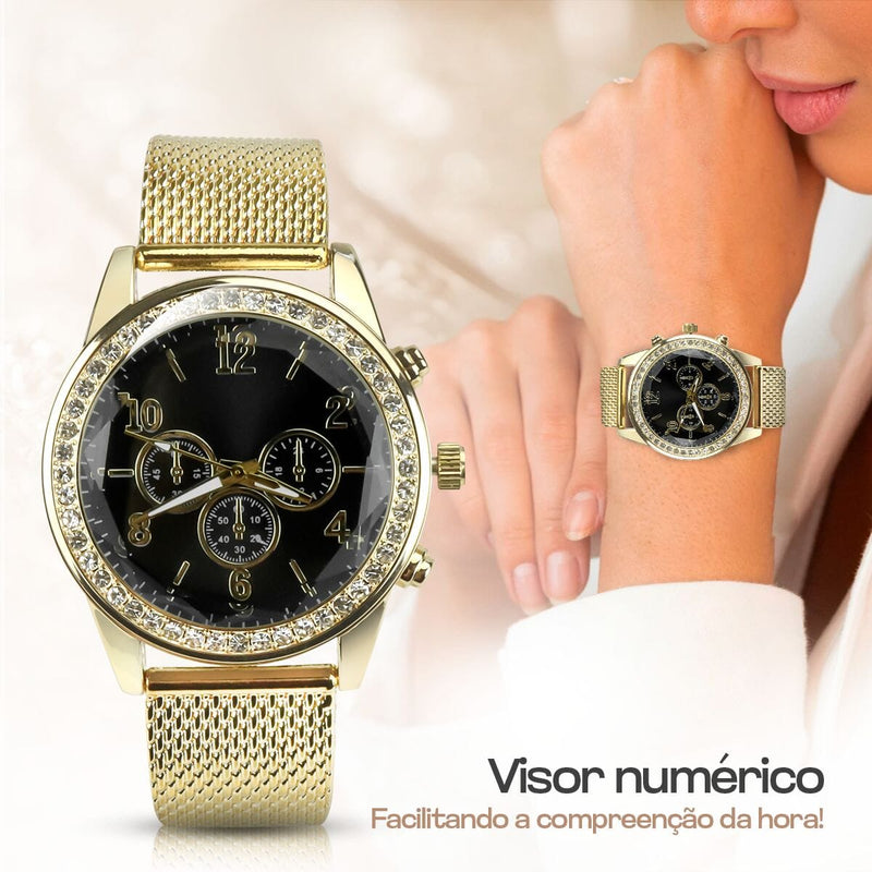 relogio feminino strass dourado + brincos + pandora + colar