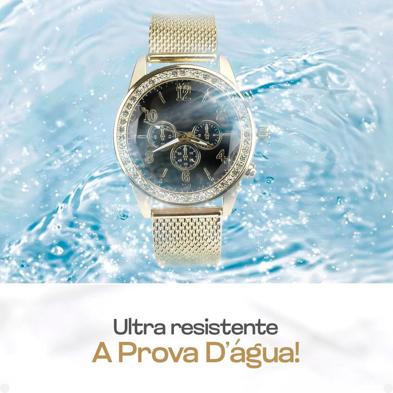 relogio feminino strass dourado + brincos + pandora + colar