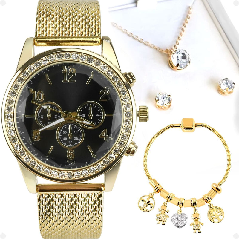 relogio feminino strass dourado + brincos + pandora + colar