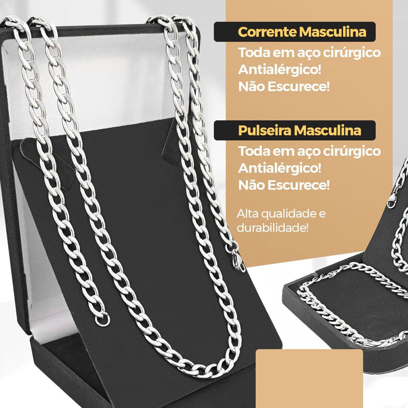 relogio masculino aço inox + cordão prata grumet + pulseira