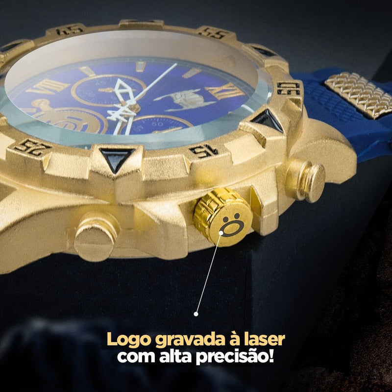 relogio masculino aço inox dourado silicone thor banhado