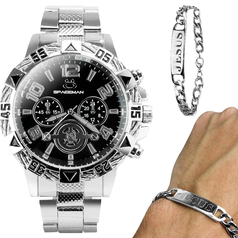 Relogio masculino aço inox prata + pulseira pai nosso