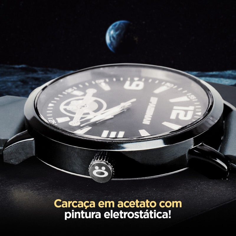 Relogio masculino aço inox preto caixa + prata silicone