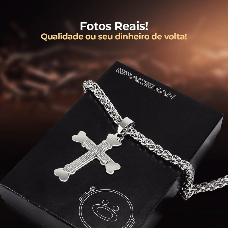 Relogio masculino aço inox preto + prata cruz cordão + caixa