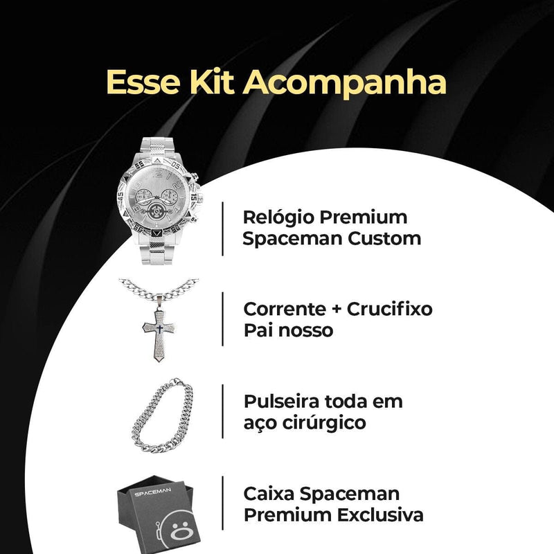 relogio masculino aço prata + pulseira + cordão cruz + caixa