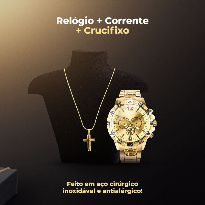 Relogio masculino aço prova dagua + cordão crucifixo + caixa