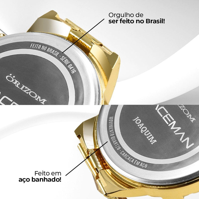 Relogio + masculino banhado dourado aço inox personalizado o